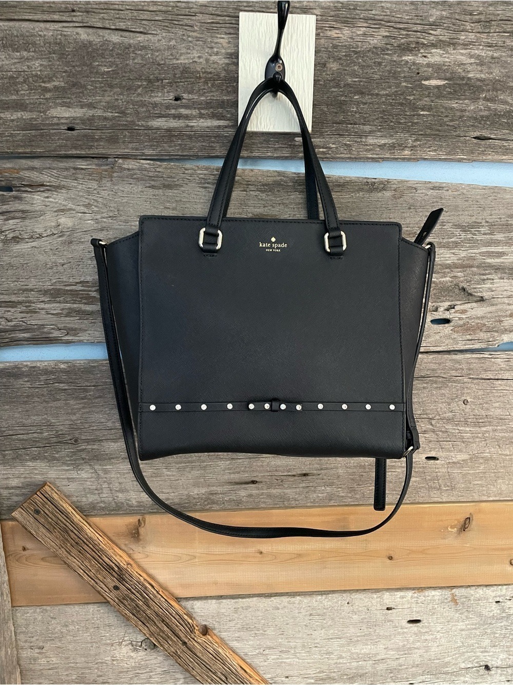 Kate Spade Black Leather Laurel Way Small Satchel with Stud Accent